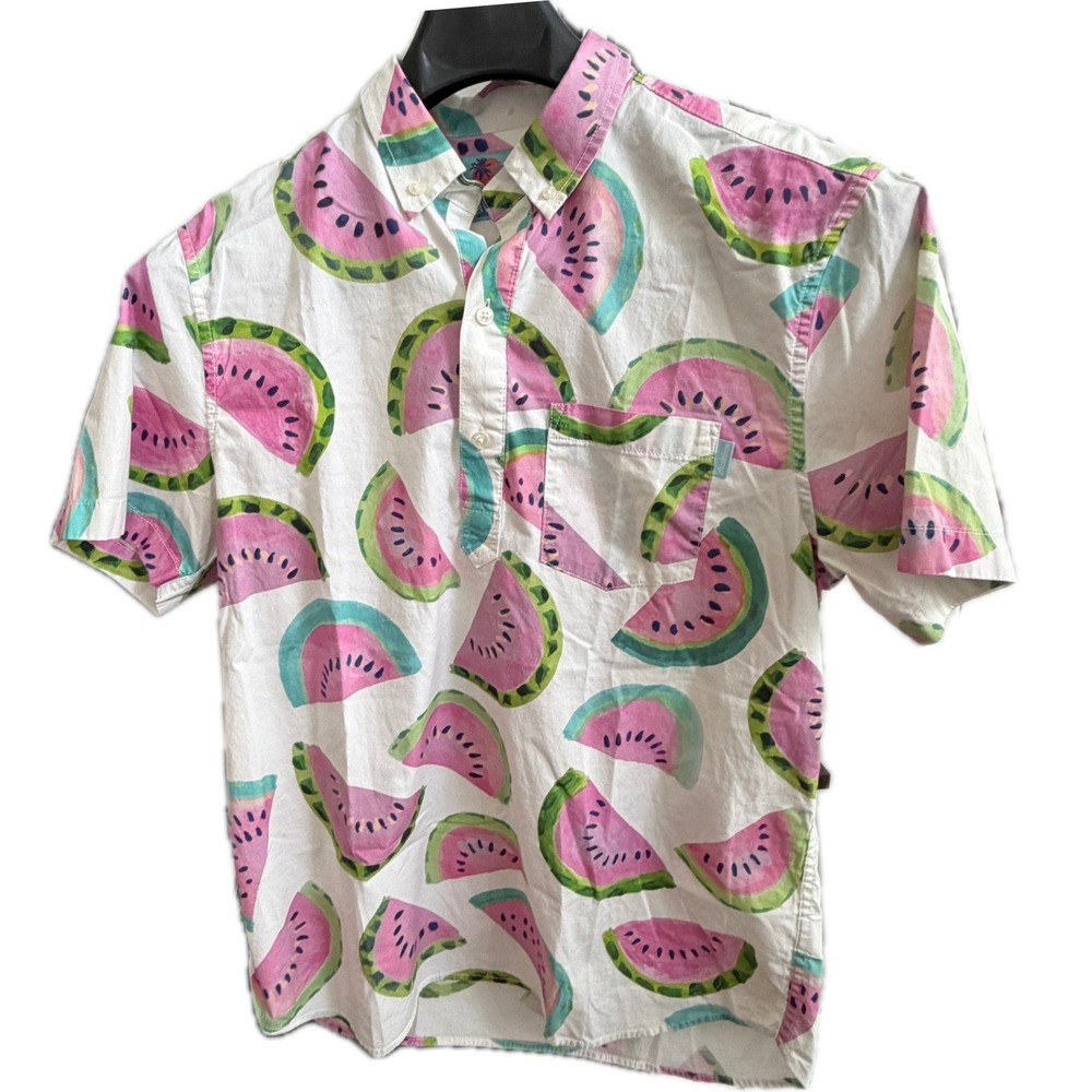 CHUBBIES Shirt Men's Large Watermelon Print Short Sleeve Button Down White Pink